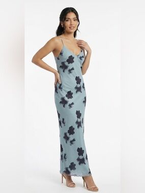 NWT Dusty Blue Floral Slip Maxi Dress with Spaghetti Straps